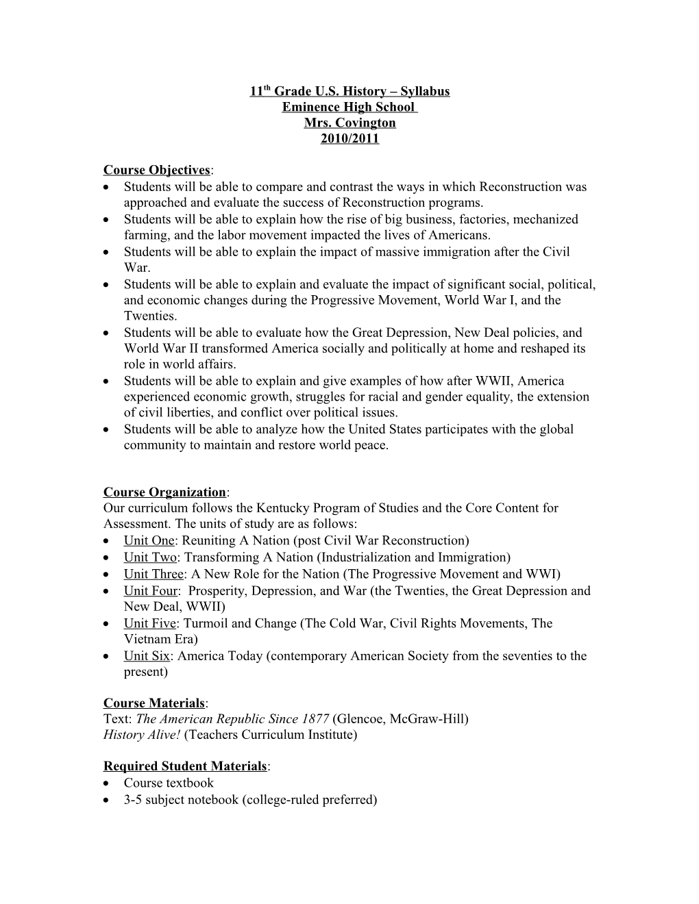 11Th Grade U.S. History Syllabus