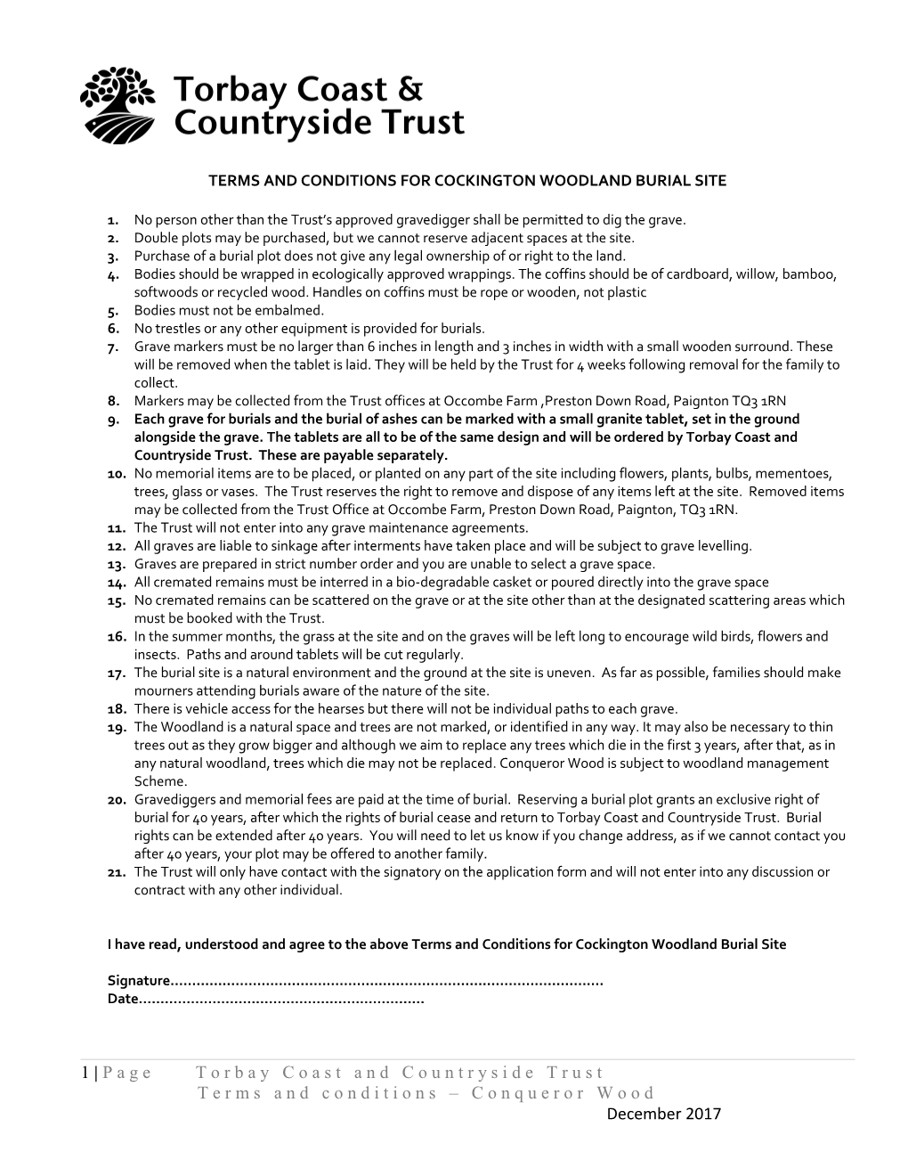 Terms and Conditions for Cockington Woodland Burial Site