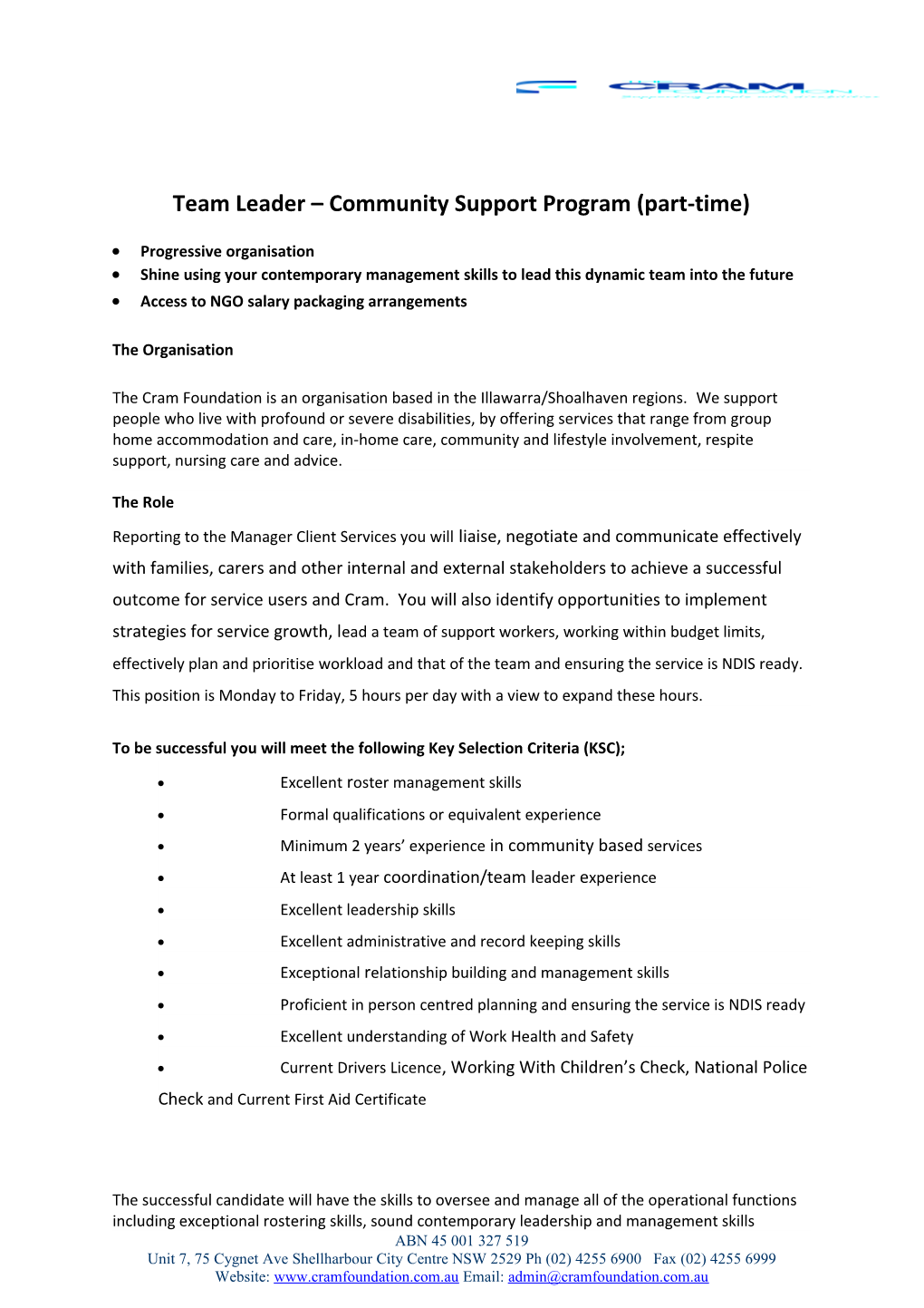 Team Leader Community Support Program(Part-Time)