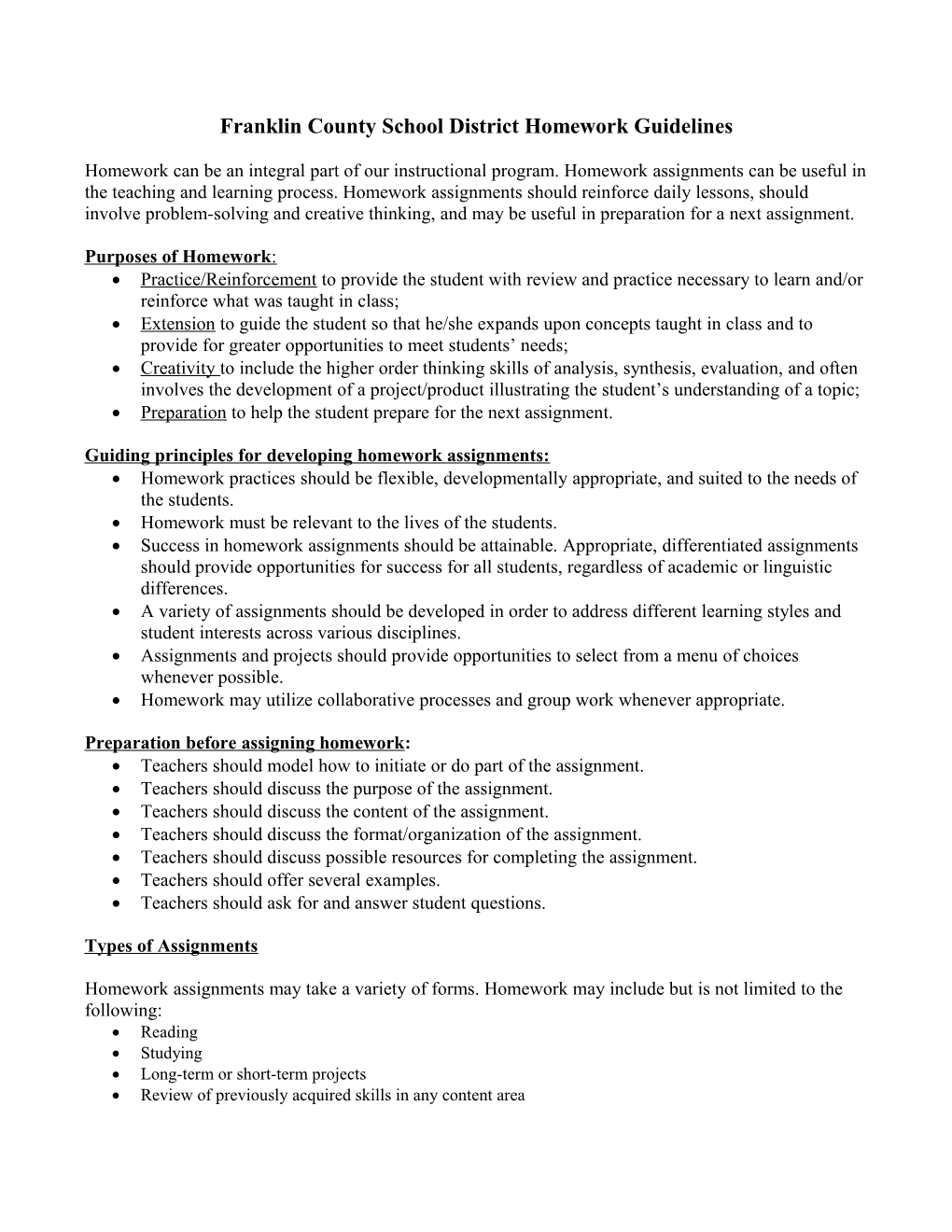 Franklin County School District Homework Guidelines