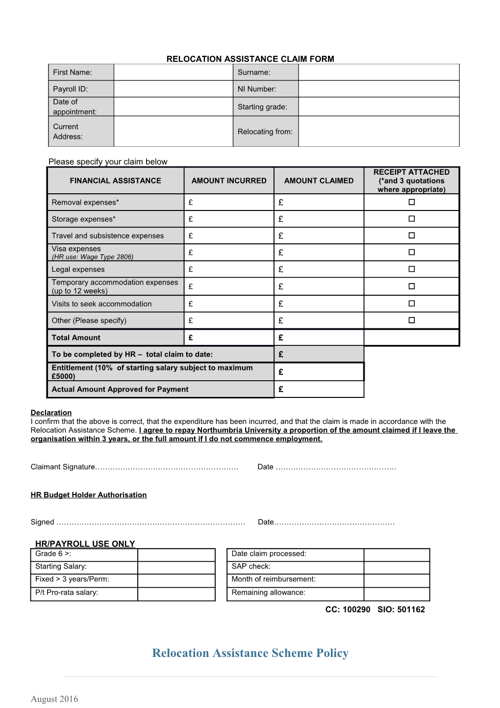 Relocation Assistance Claim Form