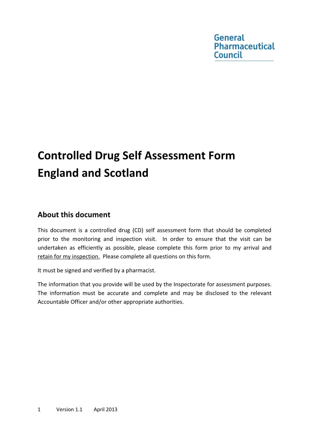 Controlled Drug Self Assessment Form