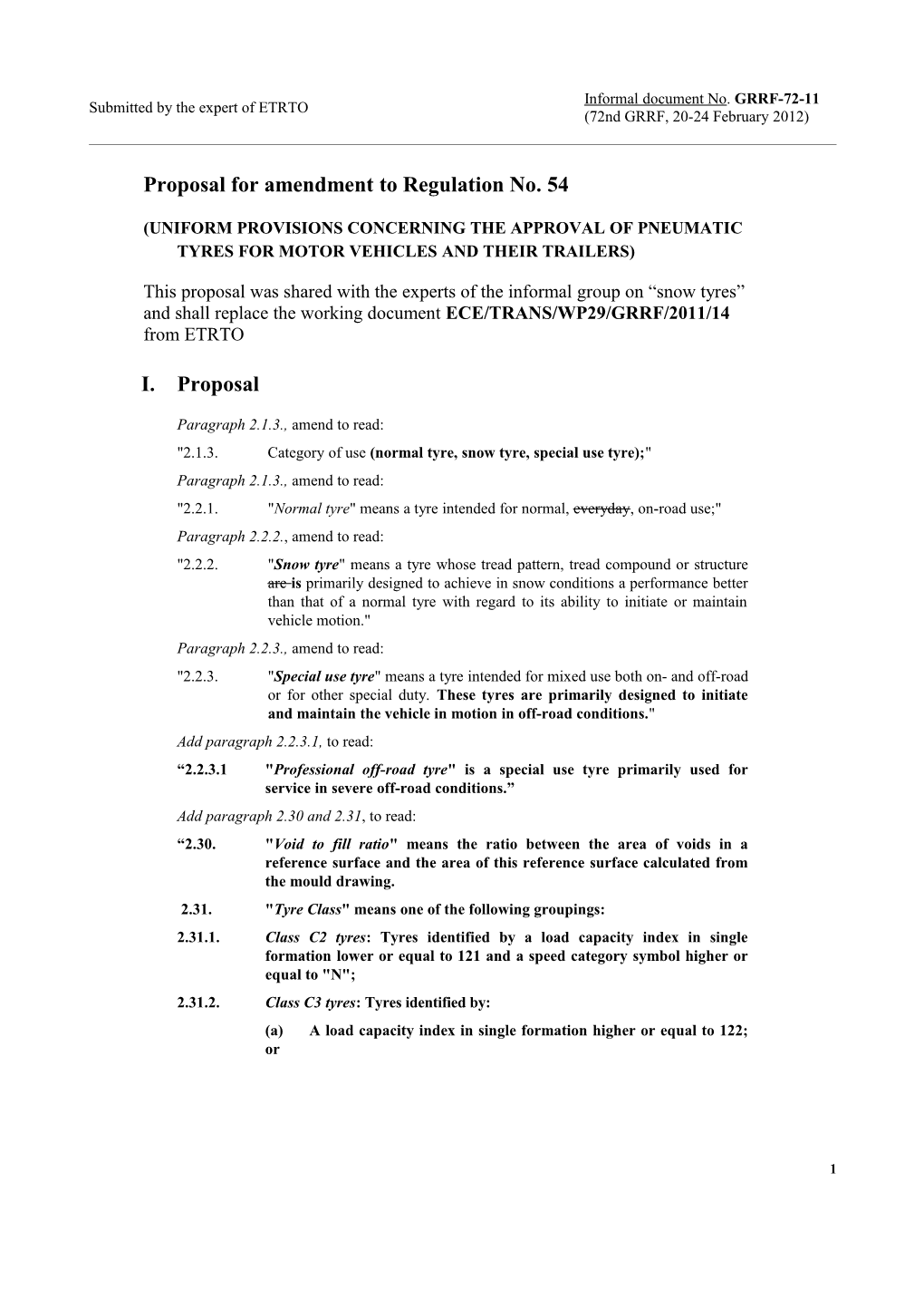 Proposal for Amendment to Regulation No. 54