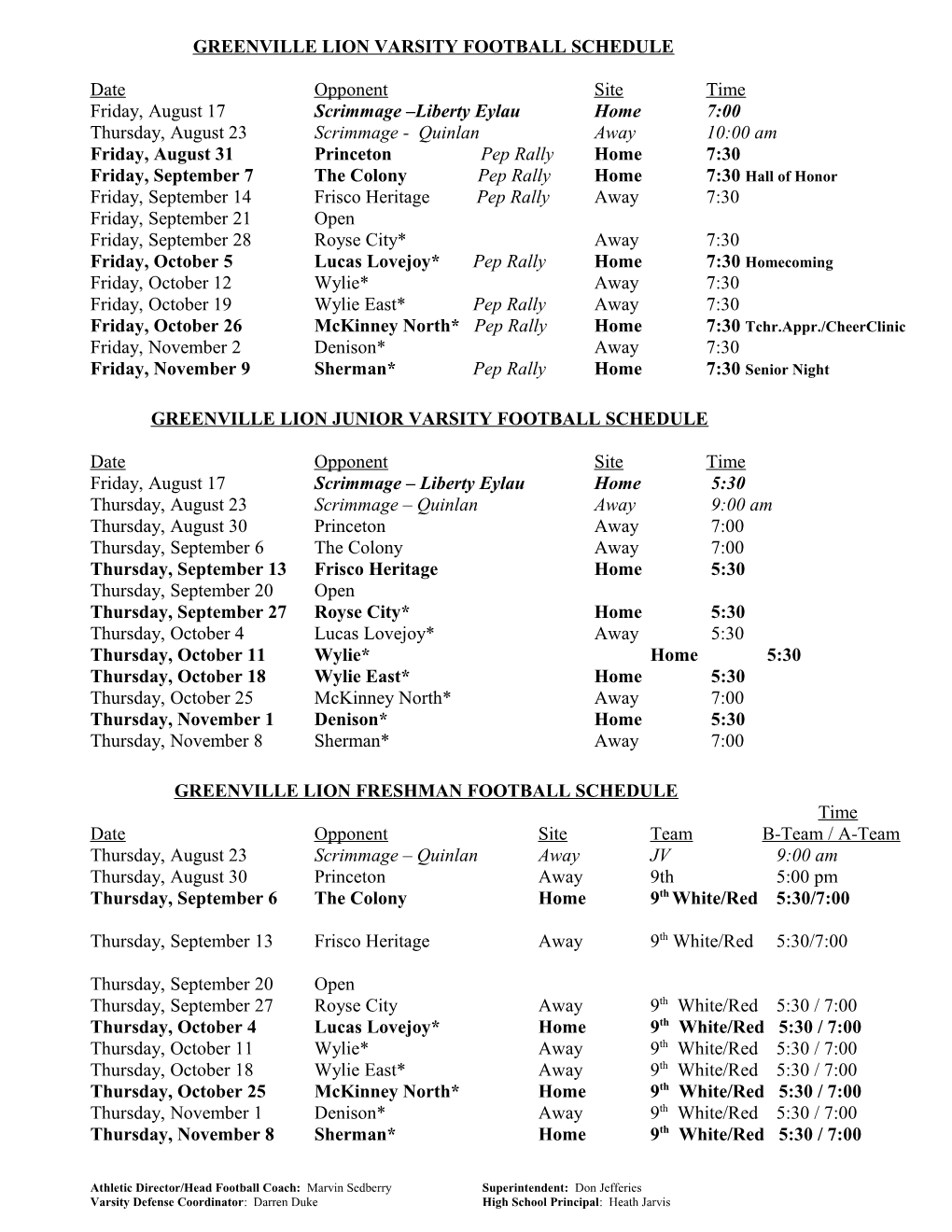 2009 Varsity Lions Football Schedule