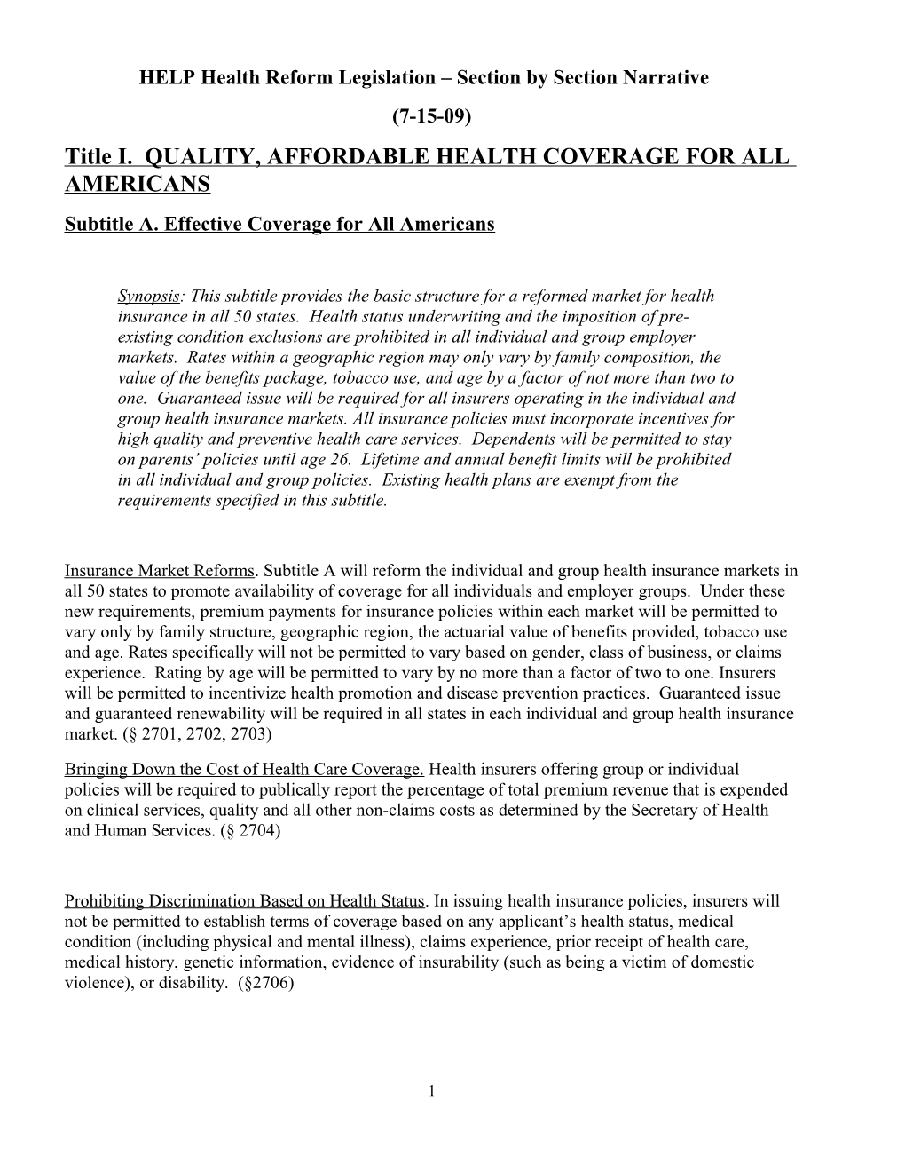 Title I. QUALITY, AFFORDABLE HEALTH COVERAGE for ALL AMERICANS