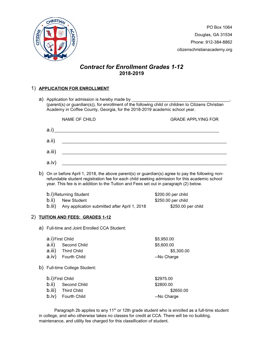 Contract for Enrollment Grades 1-12