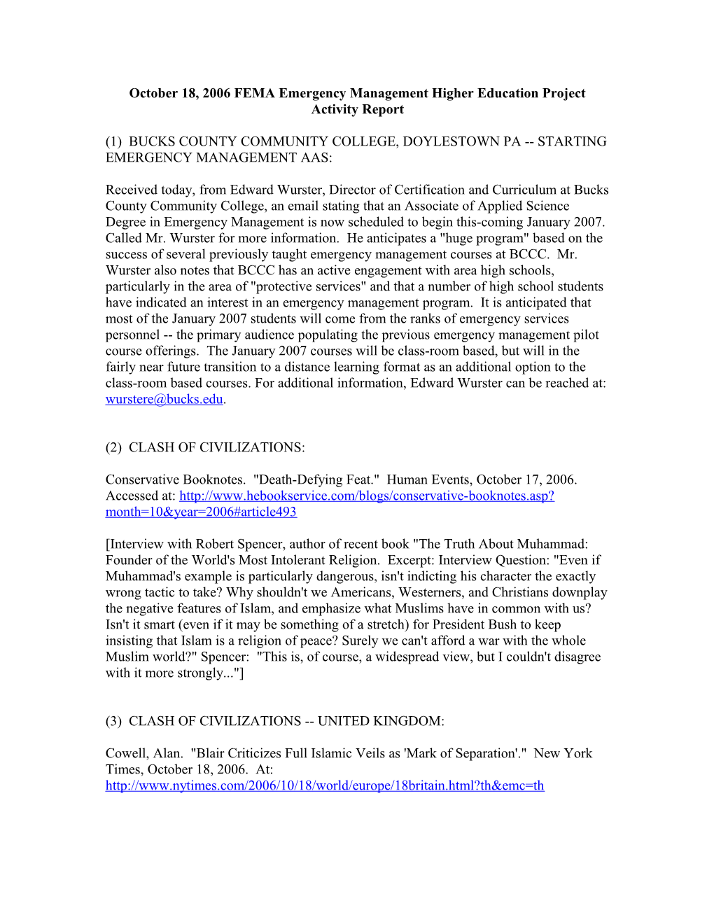 October 18, 2006 FEMA Emergency Management Higher Education Project Activity Report