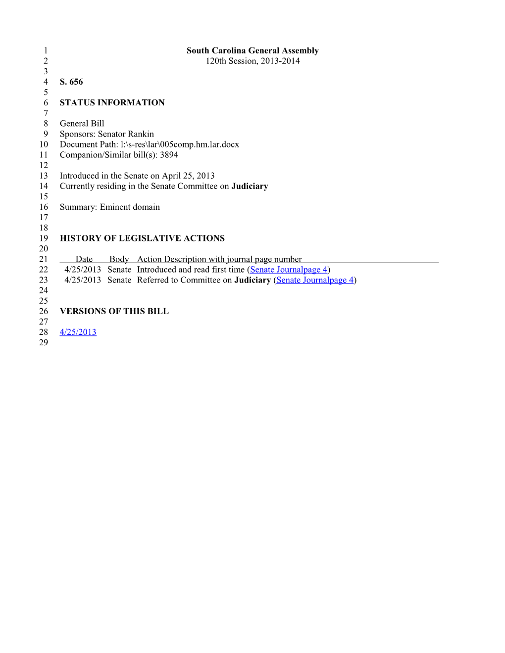 2013-2014 Bill 656: Eminent Domain - South Carolina Legislature Online