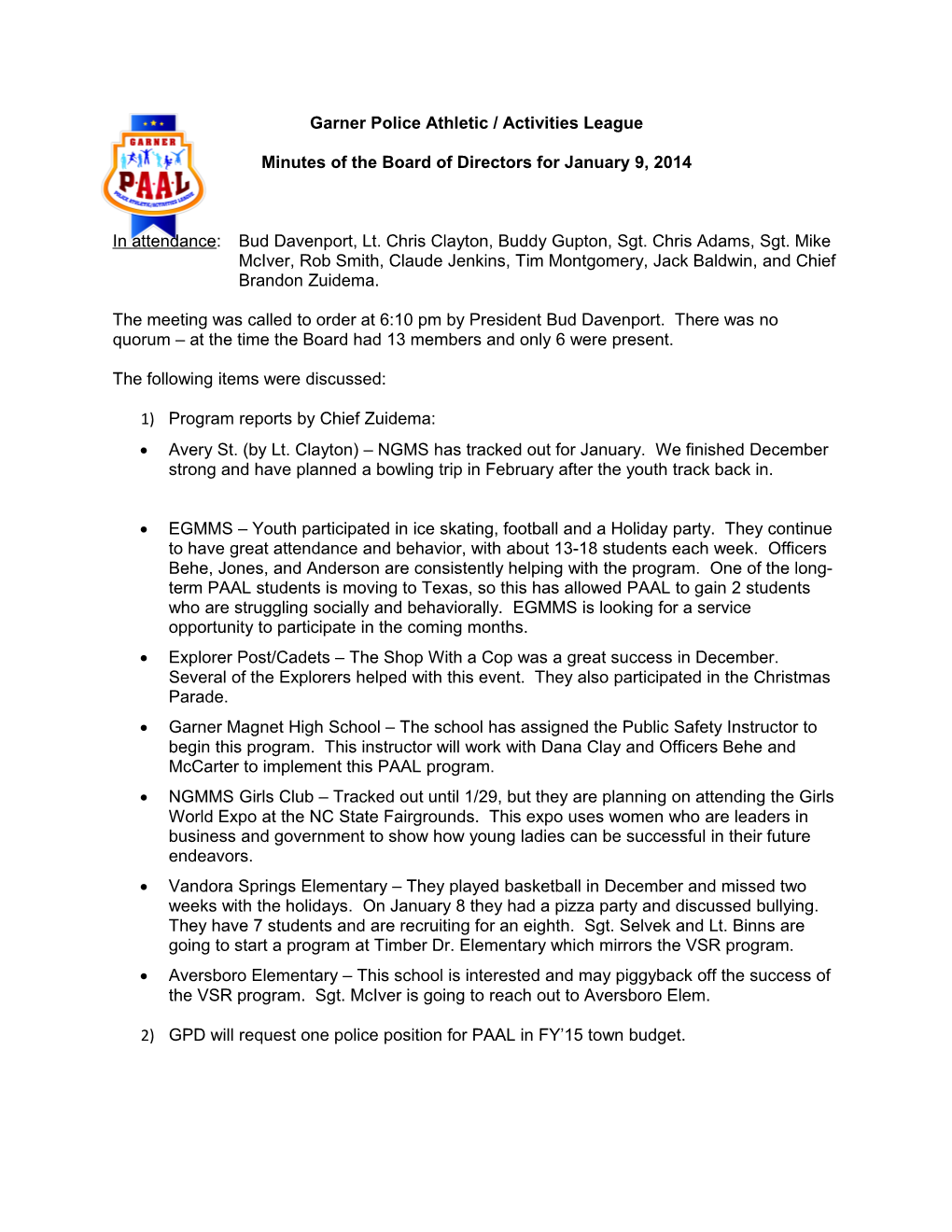 Minutes of the Board of Directors for January 9, 2014
