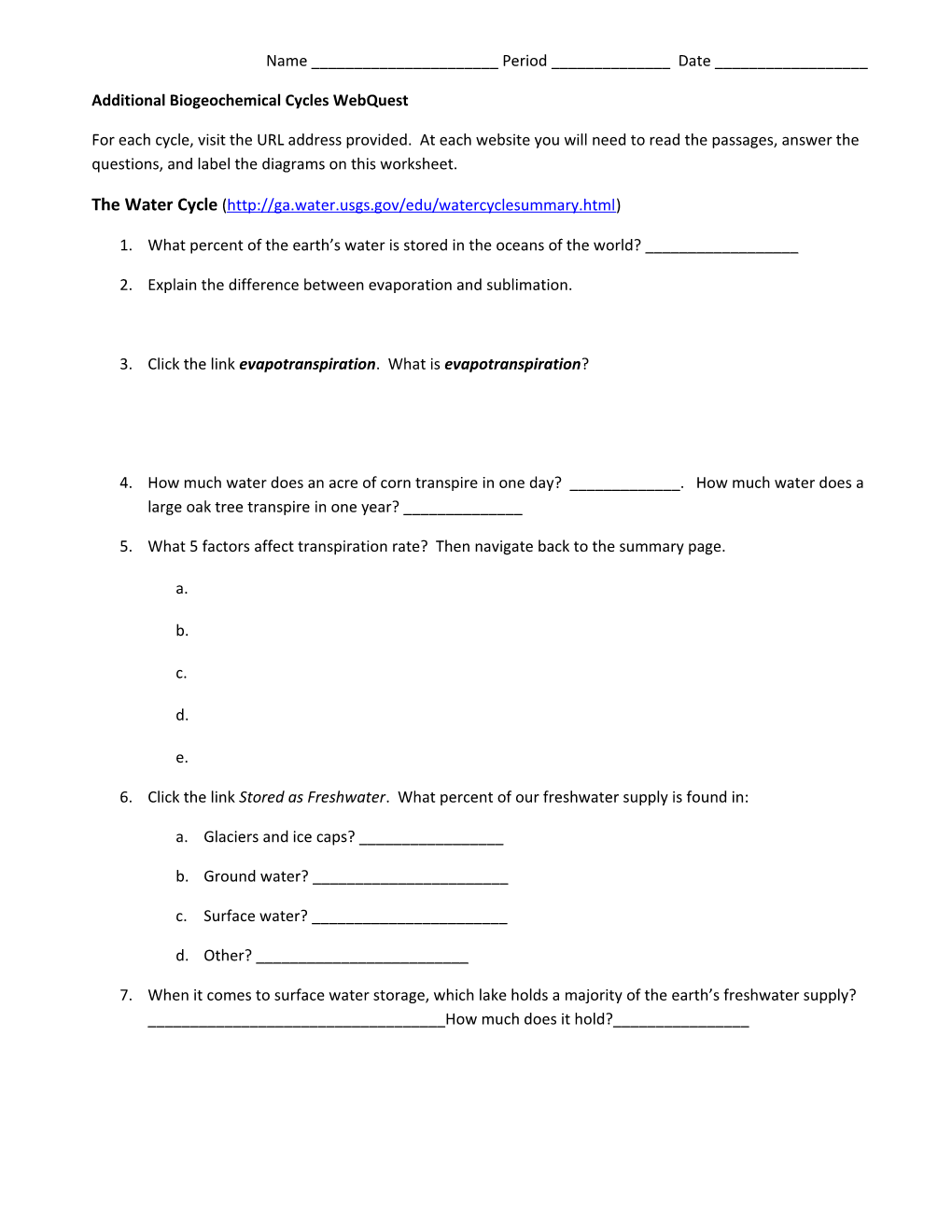 Additional Biogeochemical Cycles Webquest