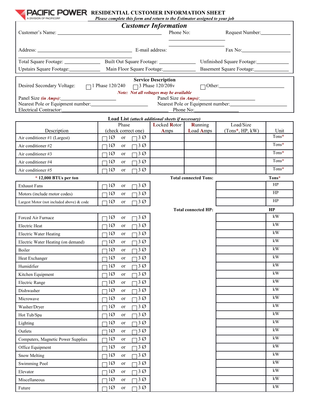 Commercial / Industrial Customer Information Sheet