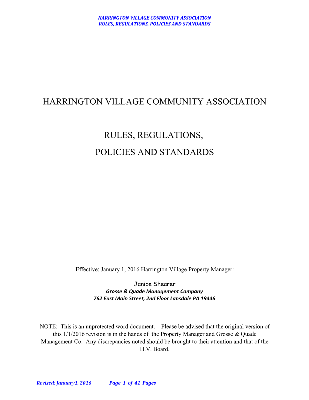Harrington Village Community Association Rules, Regulations, Policies and Standards