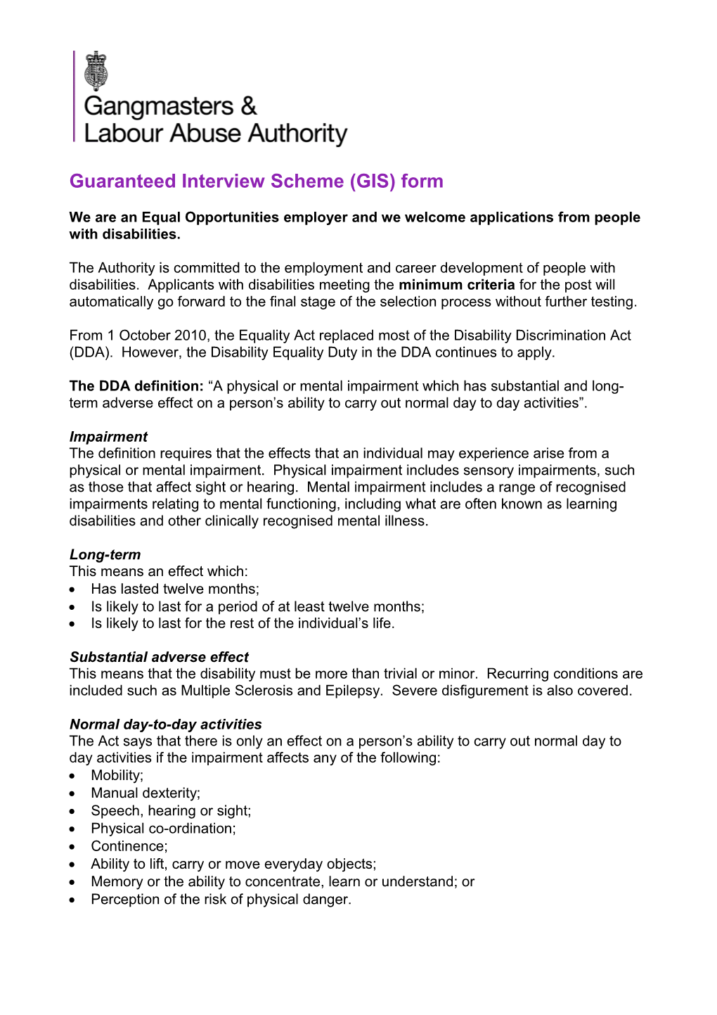 Guaranteed Interview Scheme (GIS) Form