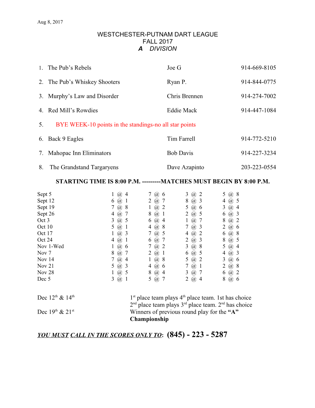 Westchester-Putnam Dart League s2