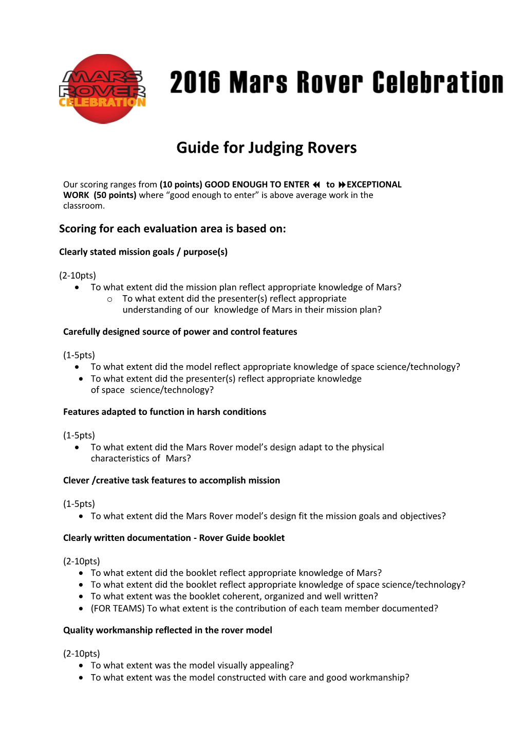 Guide for Judging Rovers