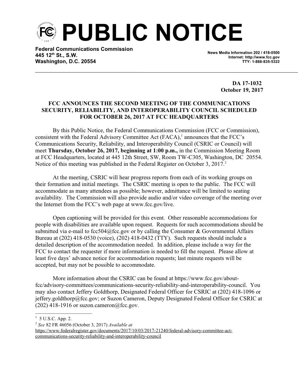 Fcc Announces the Second Meeting of the Communications Security, Reliability, And