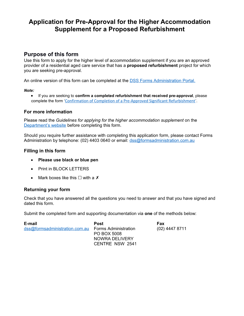 Application for Pre-Approvalfor the Higher Accommodation Supplement for Aproposed Refurbishment