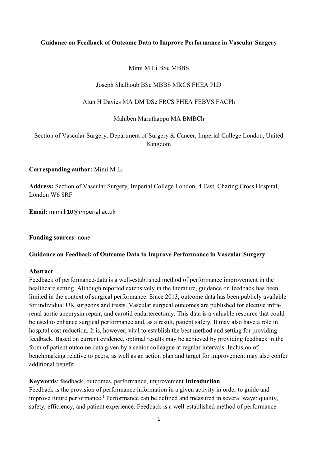 Guidance on Feedback of Outcome Data to Improve Performance in Vascular Surgery