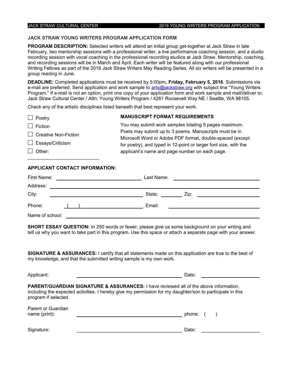 Jack Straw Young Writers Program Application Form
