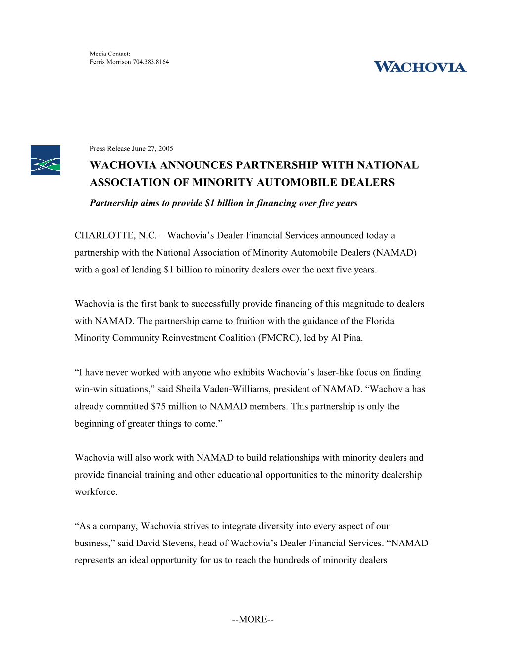 Wachovia Announces Partnership with National Association of Minority Automobile Dealers