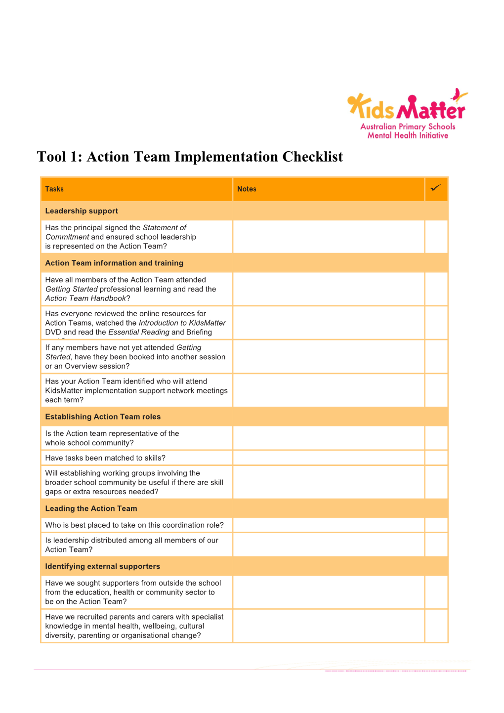 Tool 1: Action Team Implementation Checklist