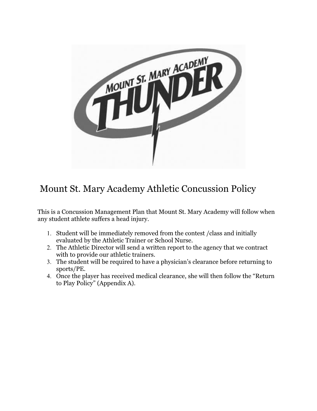 Mount St. Mary Academy Athletic Concussion Policy