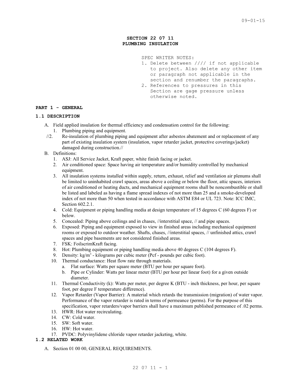 Section 22 07 11 - PLUMBING INSULATION