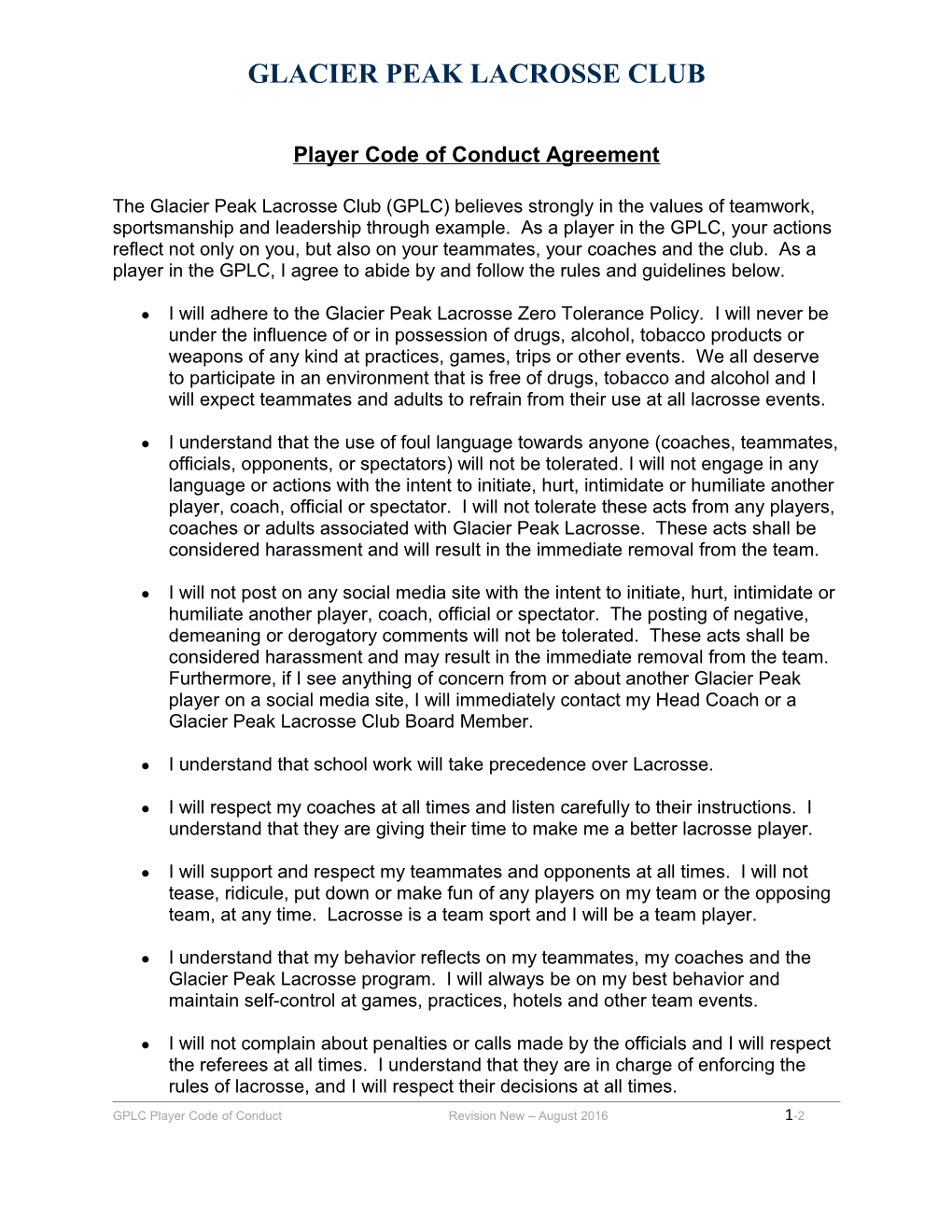 Player Code of Conduct Agreement