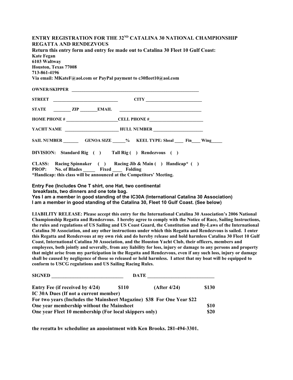 Entry Registration for the 32Nd Catalina 30 National Championship Regatta and Rendezvous