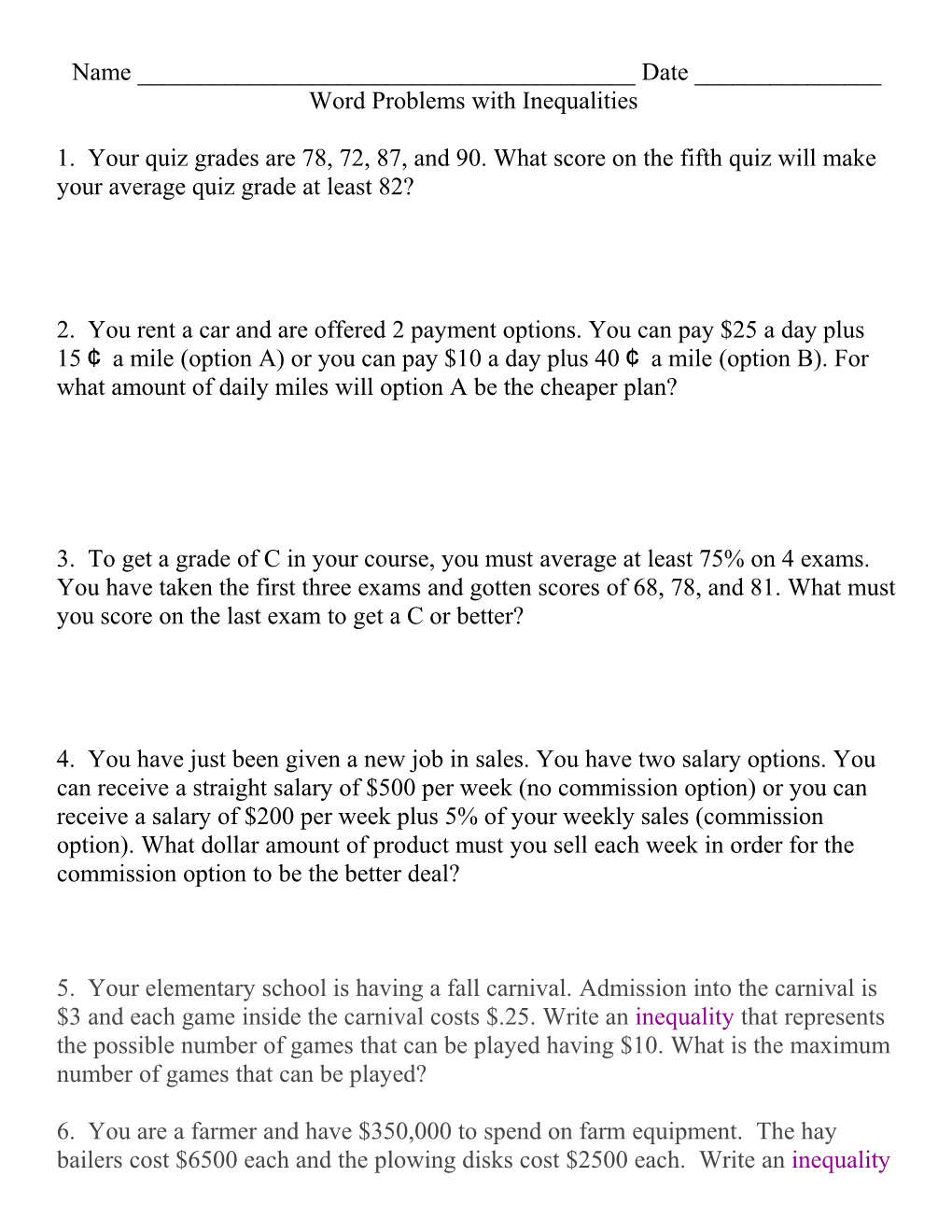 Word Problems with Inequalities