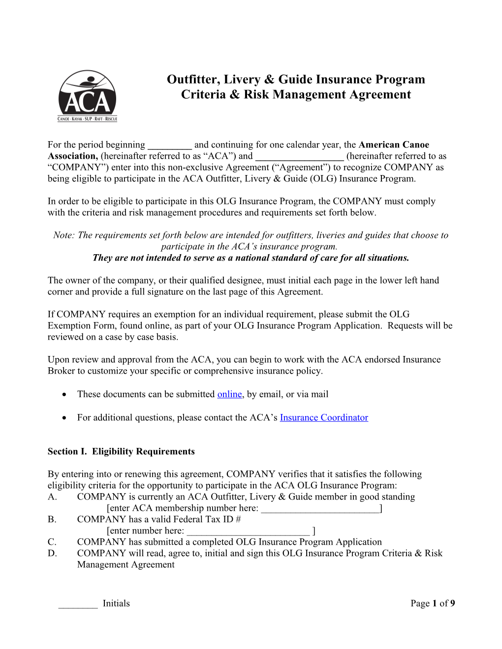 ACA OLG Insurance Program Criteria & Risk Management Agreement