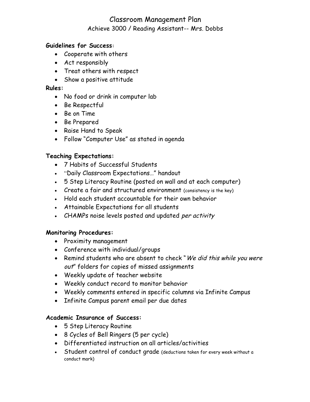 Classroom Management Plan