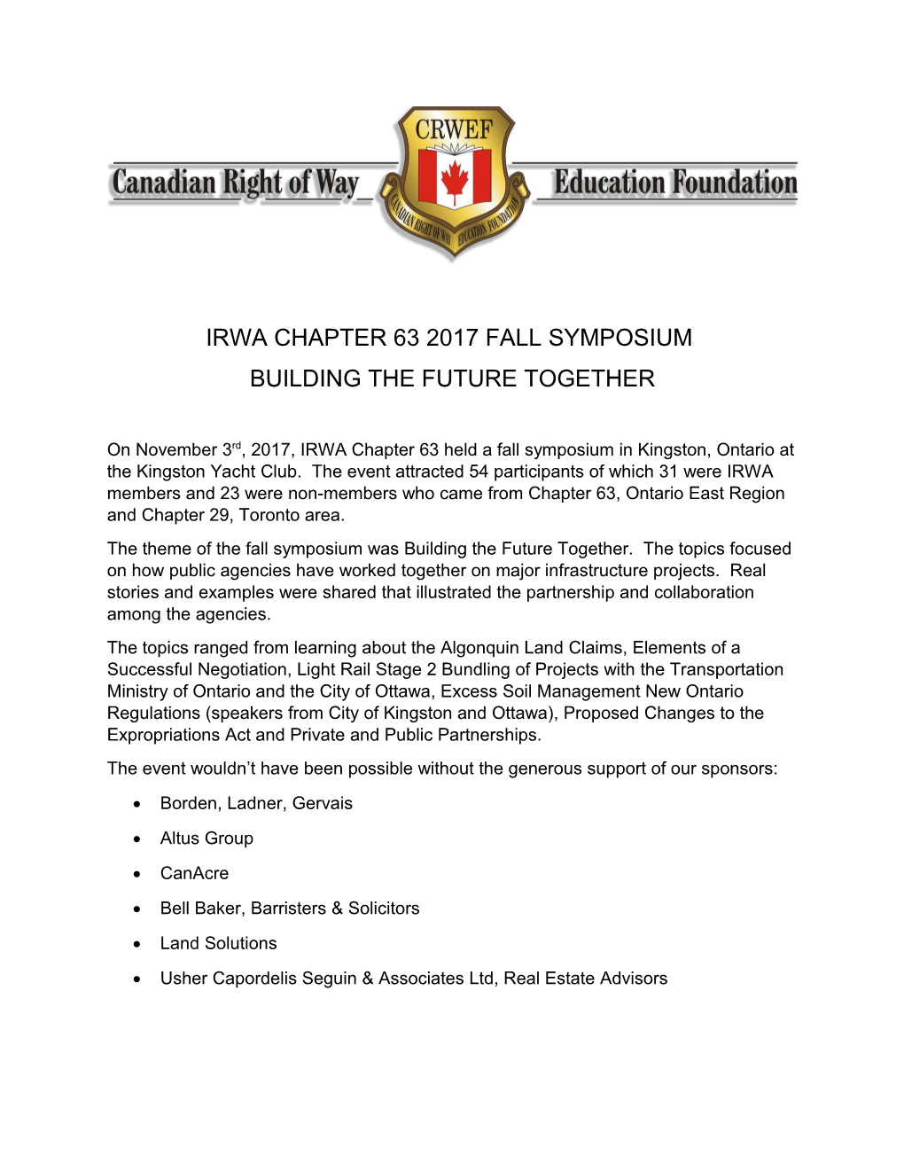 Irwa Chapter 63 2017 Fall Symposium