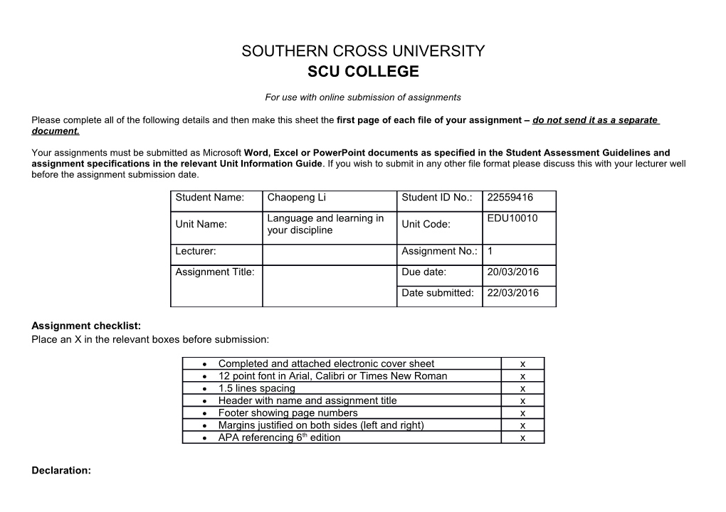 For Use with Online Submission of Assignments