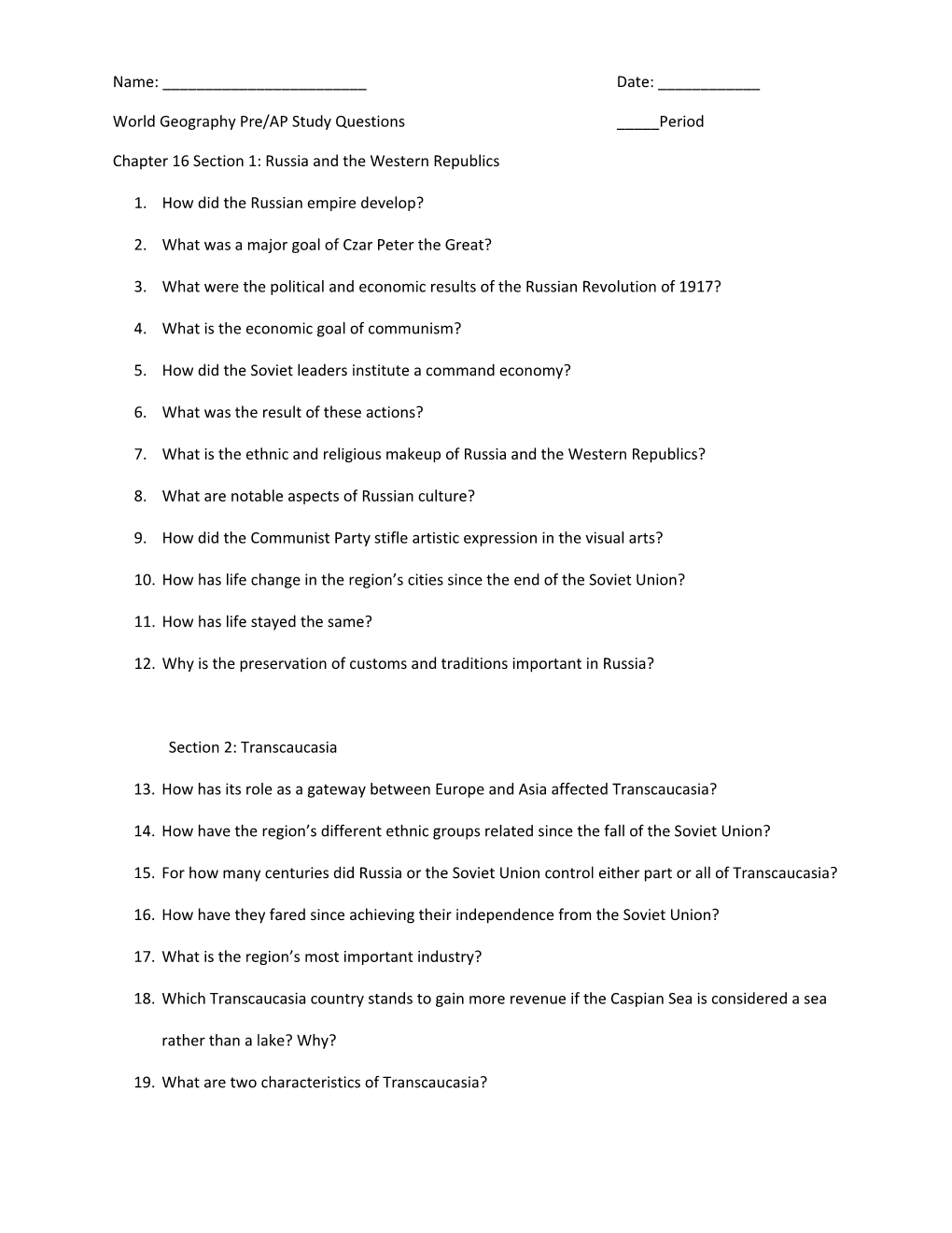 World Geography Pre/AP Study Questions_____Period