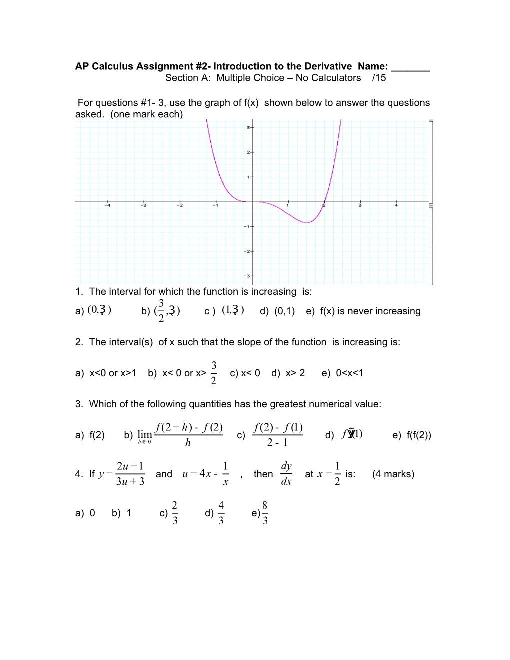 AP Calculus Test- Introduction to the Derivative