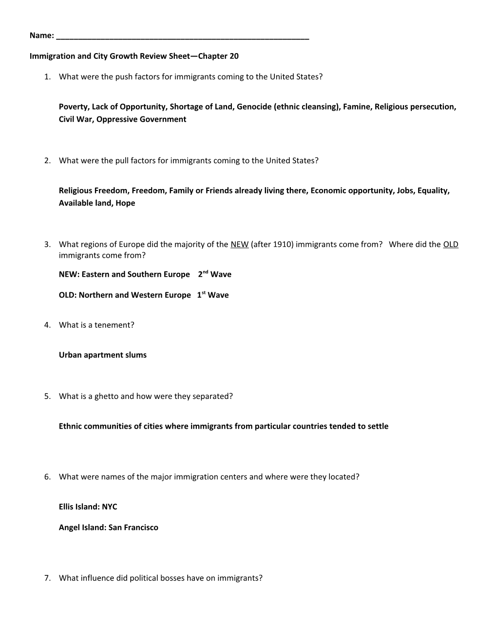 Immigration and City Growth Review Sheet Chapter 20