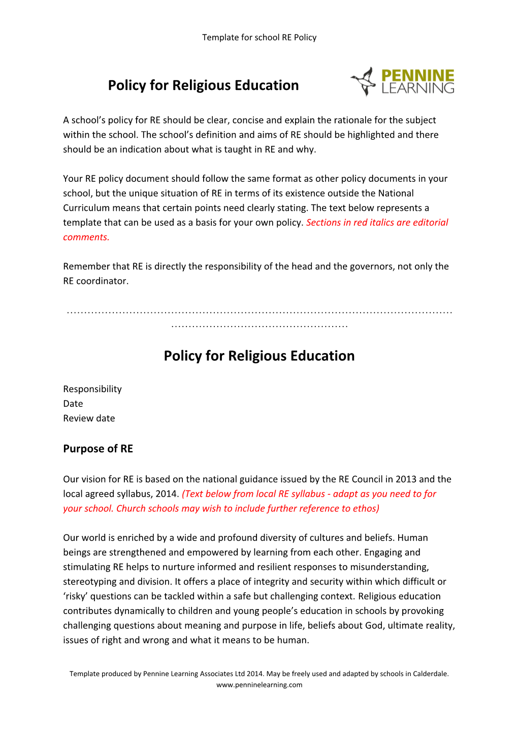 Template for School RE Policy