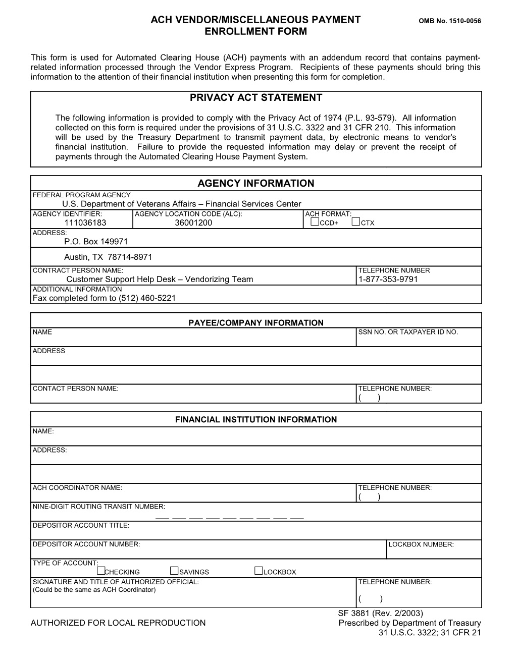 Standard Form 3881 ACH Vendor/Miscellaneous Payment Enrollment Form