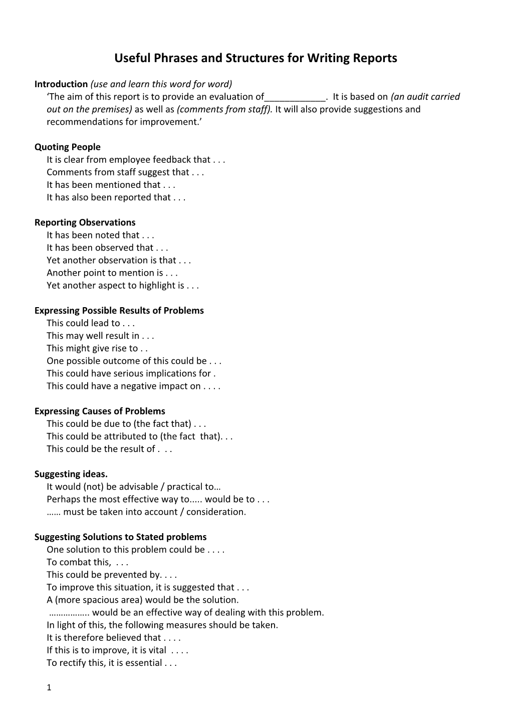 Useful Phrases and Structures for Writing Reports