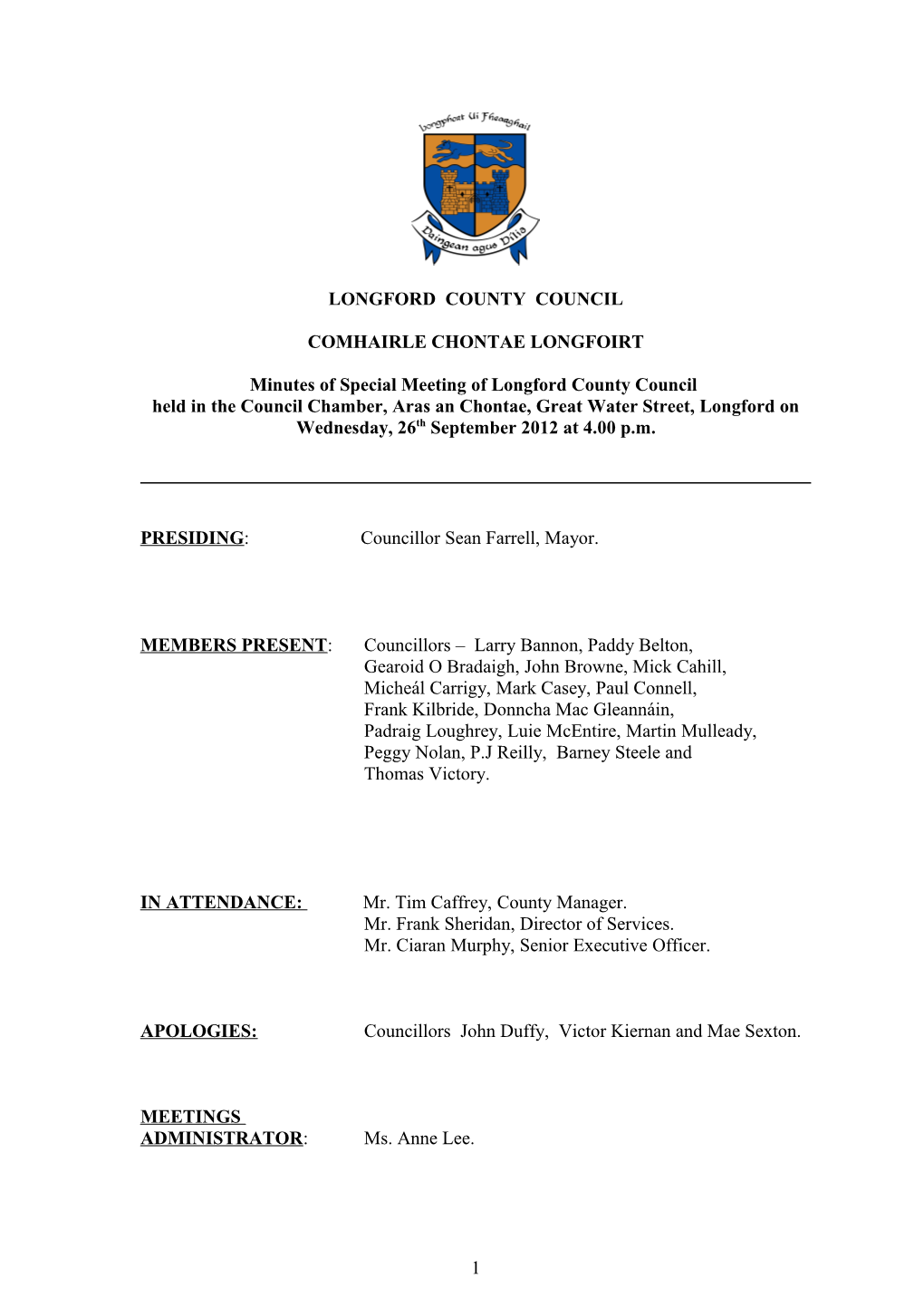 Minutes of Special Meeting of Longford County Council