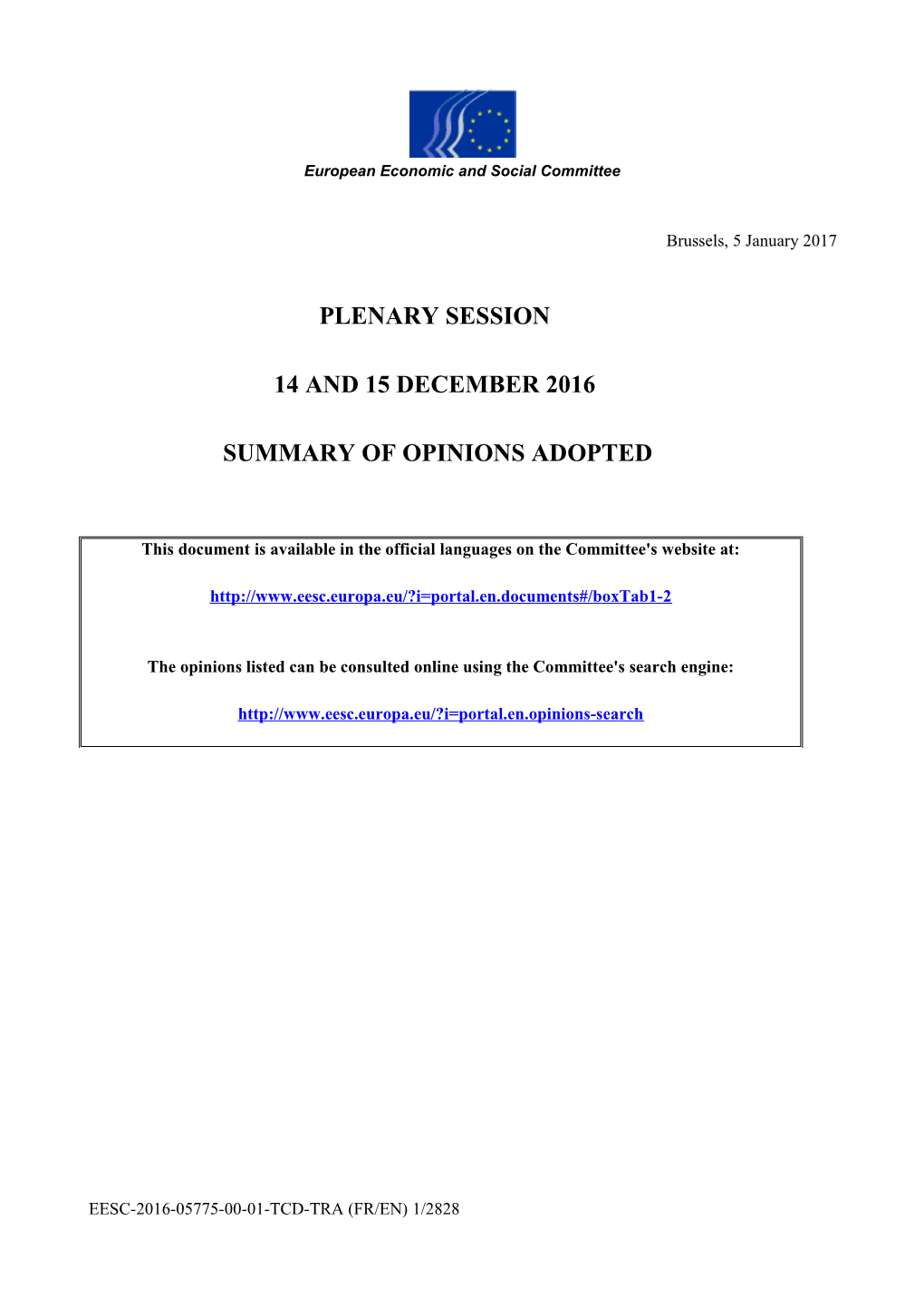 Plenary Session - 14 and 15 December 2016 - Summary of Opinions Adopted