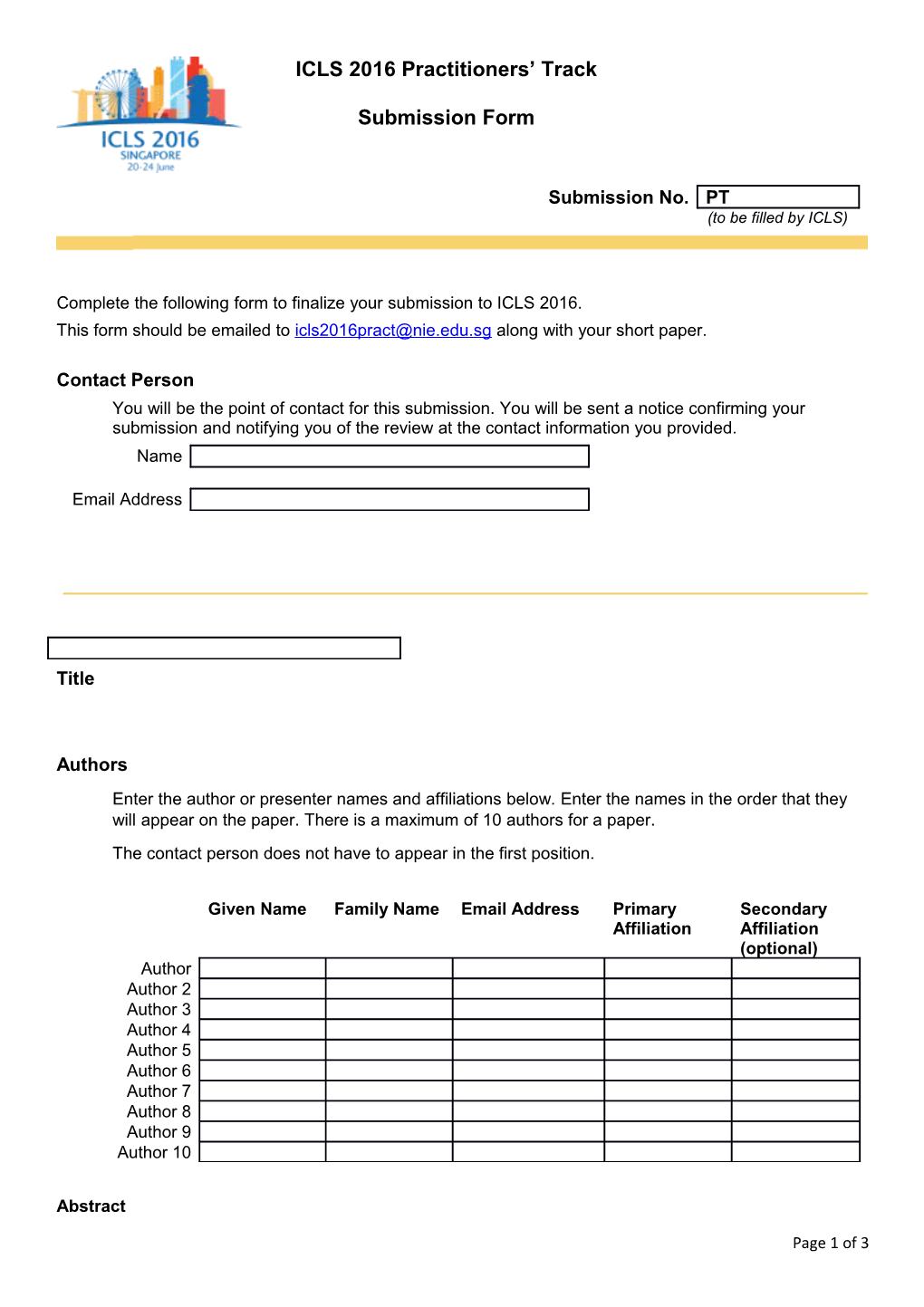 Complete the Following Form to Finalize Your Submission to ICLS 2016