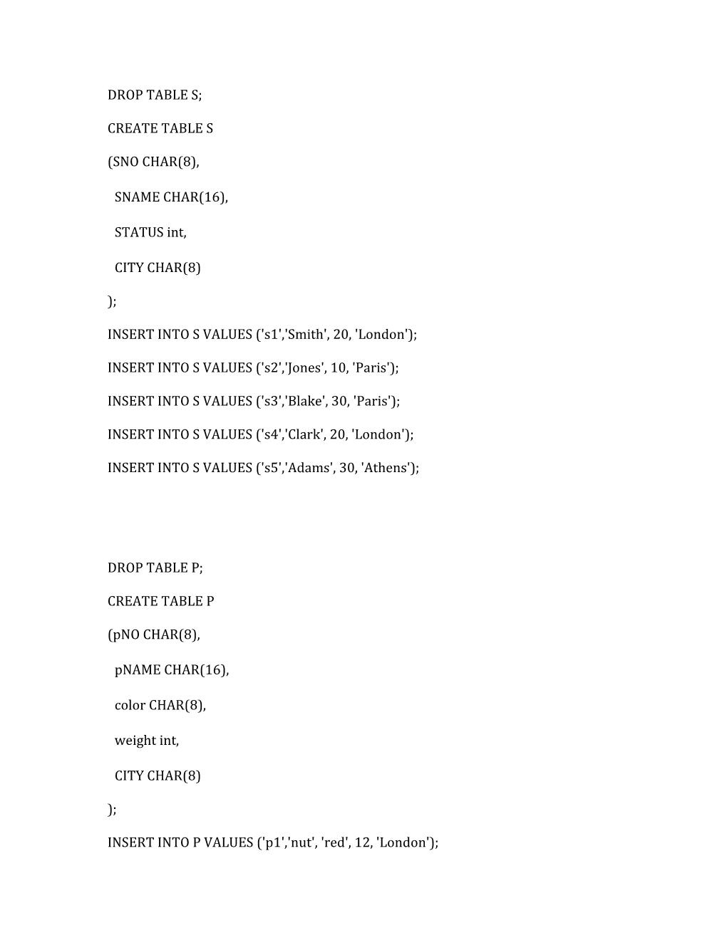 INSERT INTO S VALUES ('S1','Smith', 20, 'London');