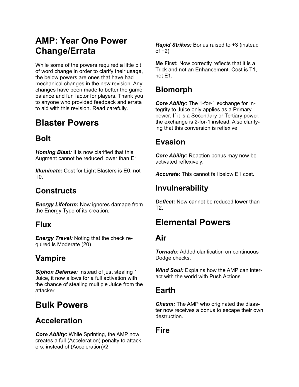 AMP: Year One Power Change/Errata