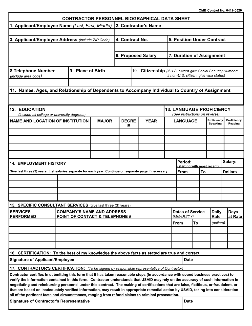 Contractor Personnel Biographical Data Sheet