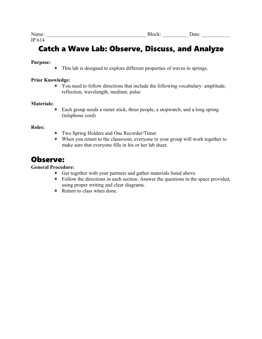 Catch a Wave Lab: Observe, Discuss, and Analyze
