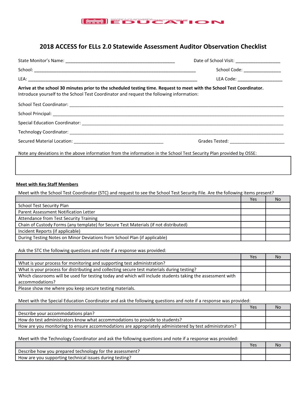 2018 ACCESS for Ells 2.0 Statewide Assessment Auditorobservation Checklist