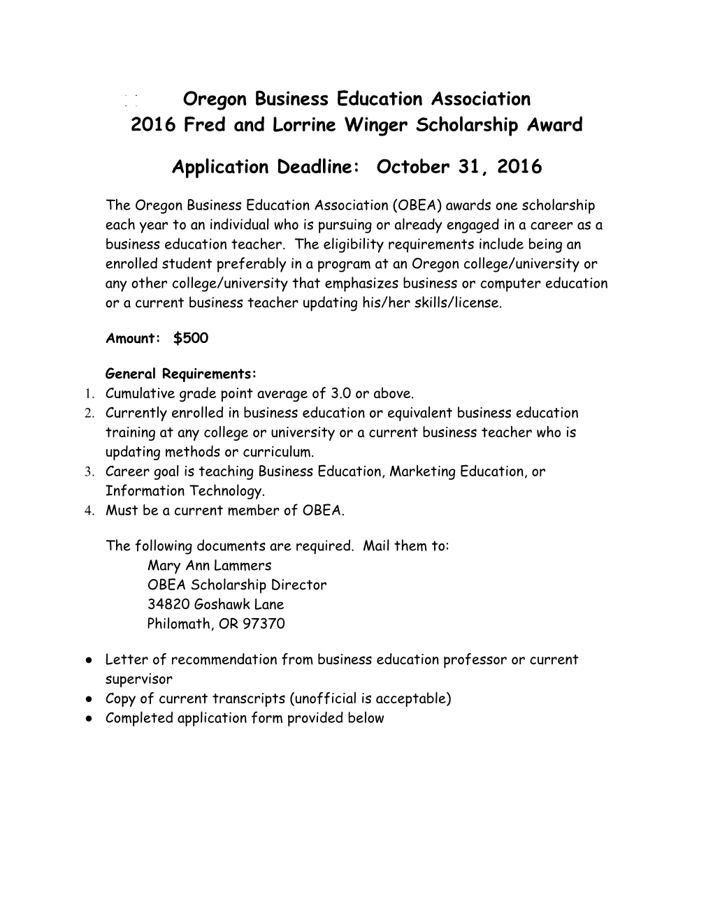 OBEA Winger Scholarship App Obea 2014