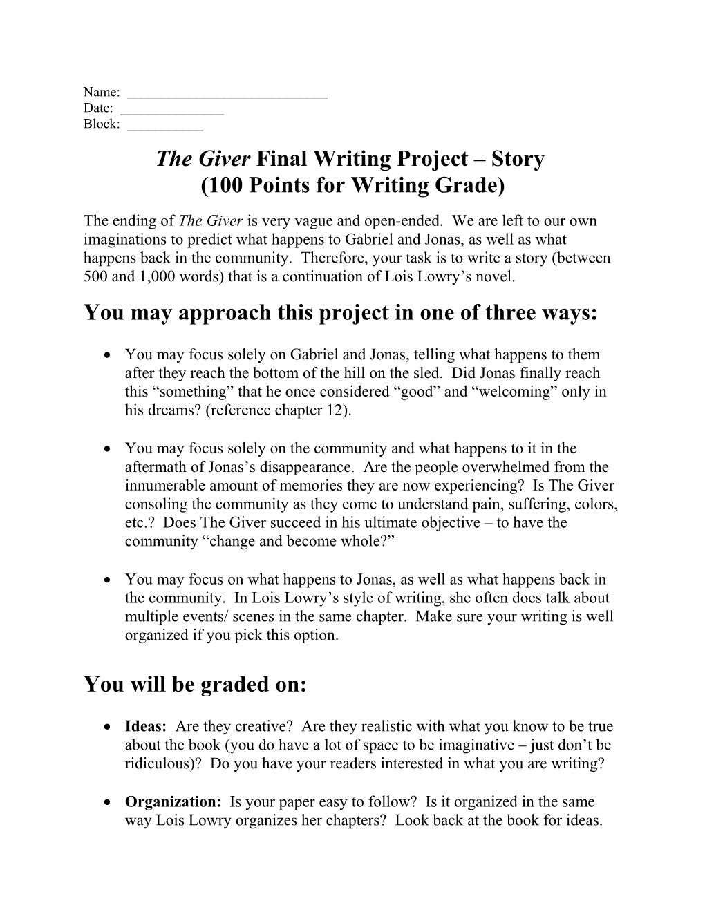 The Giver Final Writing Project Story